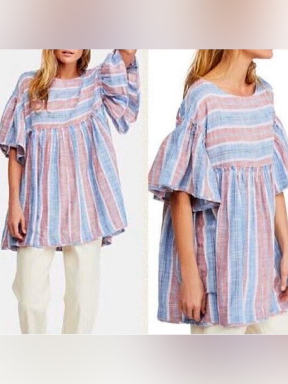Free People Summer Nights Blue Lagoon Oversized Striped Tunic Top Minidress XS